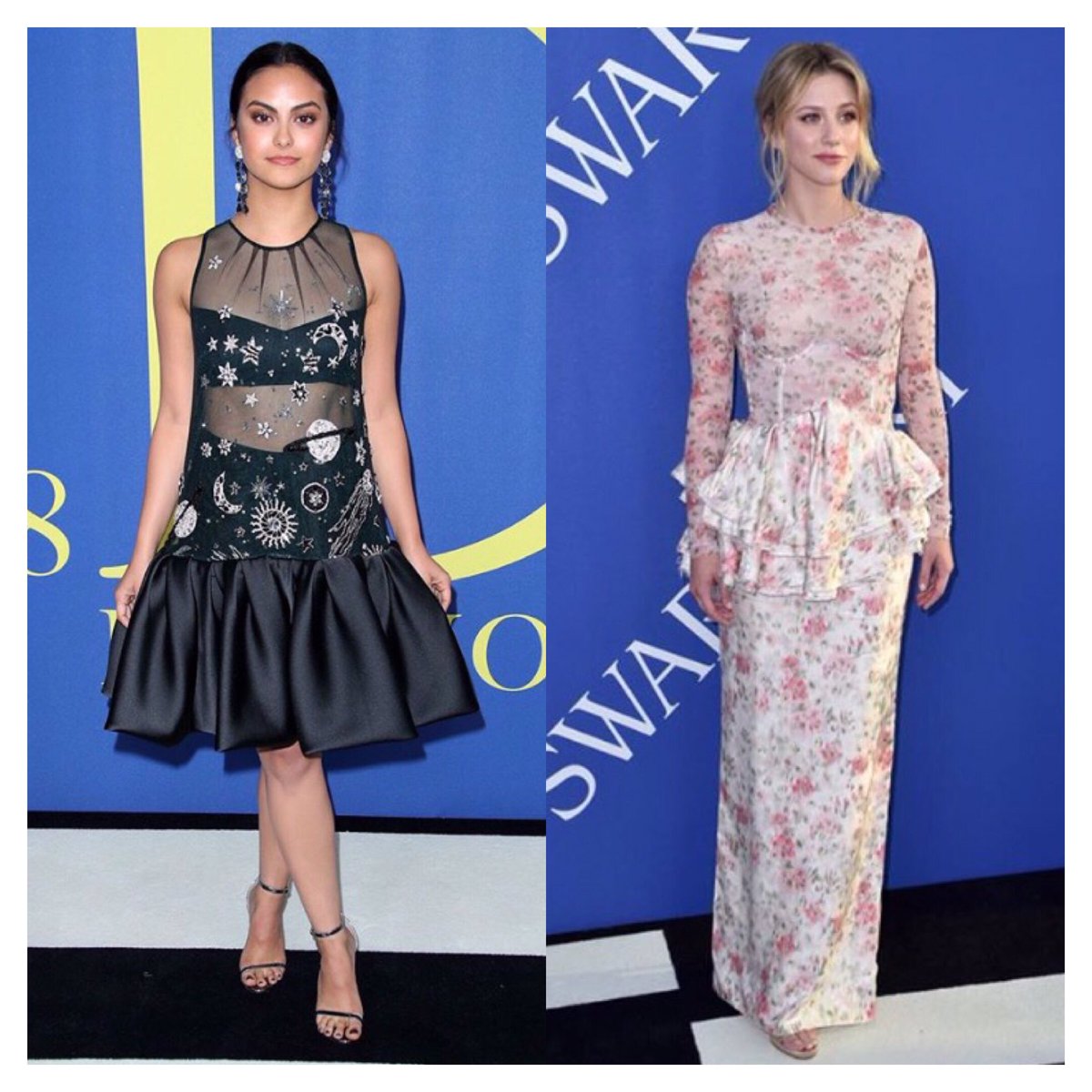 gogenevieve's tweet photo. Loved their looks here. Kind of getting a heaven and earth kind of vibe 🌜+🌹 #lilireinhart #camilamendes #cfda #bandv https://t.co/8z6I5tprEi