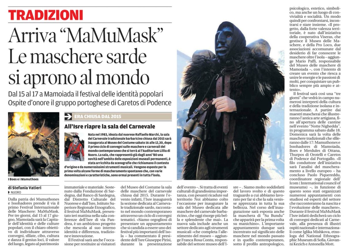 Su #lanuovasardegna di oggi si parla di #mamumask / #isresardegna #distrettoculturaledelnuorese #nottenighedda #museonivola #fondazionedisardegna #bancodisardegna #regionesardegna #mamoiada #mamuthones #caretosdepodence
