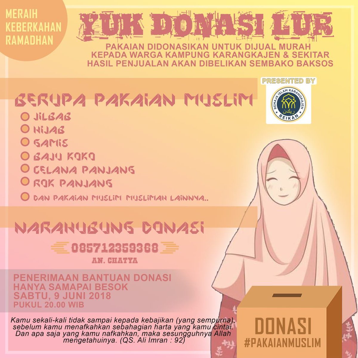 Ayo sumbangkan pakaian pantas pakai mu pada acara DARMAJI (Dagang Depan Masjid Jami' Karangkajen) penerimaan dibuka s.d tgl 9 Juni. Info lengkap bisa dibaca di:  facebook.com/karangkajen/ph…