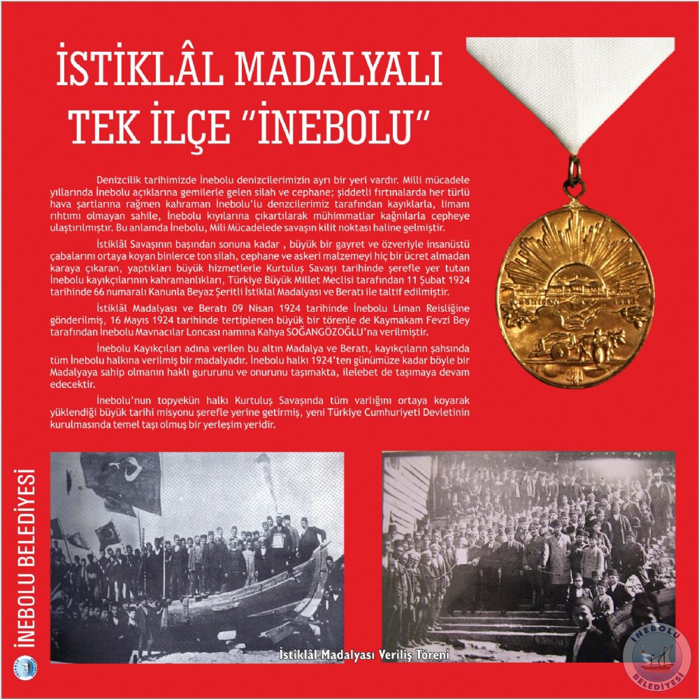 Kurtuluş Savaşı yıllarında göstermiş olduğu kahramanlık ve yiğitlikle İstiklal Madalyası’na sahip olan İnebolu’muzun 9 Haziran Şeref ve Kahramanlık Gününü kutlarız.