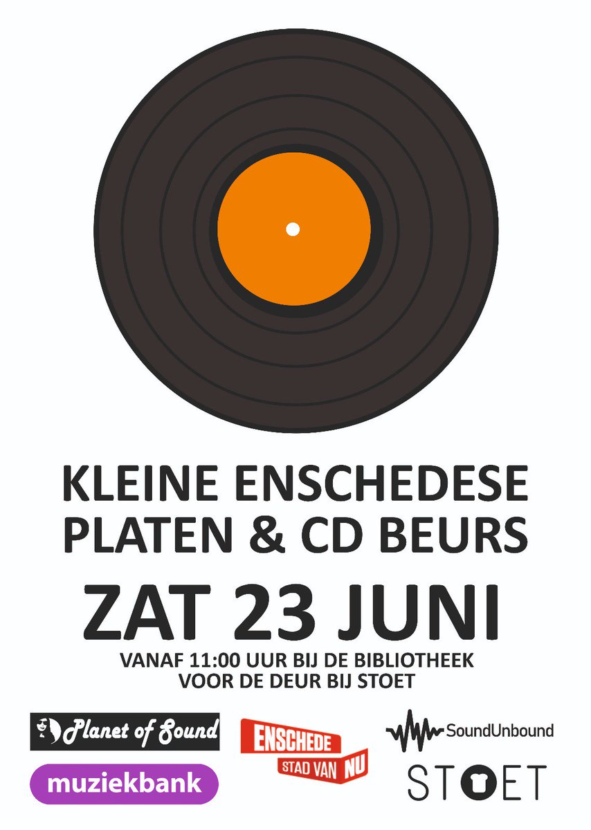 Zet alvast in de agenda: 23 juni van 11.00 - 16.00 op het Plein bij Stoet voor de Bibliotheek Enschede: Kleine Enschedese Platen &amp; Cd Beurs met Jan Gijsen, <a href="/PlanetOfSoundNL/">Planet of Sound NL</a>, <a href="/ArrisUnbound/">Arris Roordink</a> Roordink,  <a href="/Muziekbank/">Muziekbank</a> lekkere stoet en drankjes bij <a href="/SEnschede/">stoet-enschede</a> (Stoet)