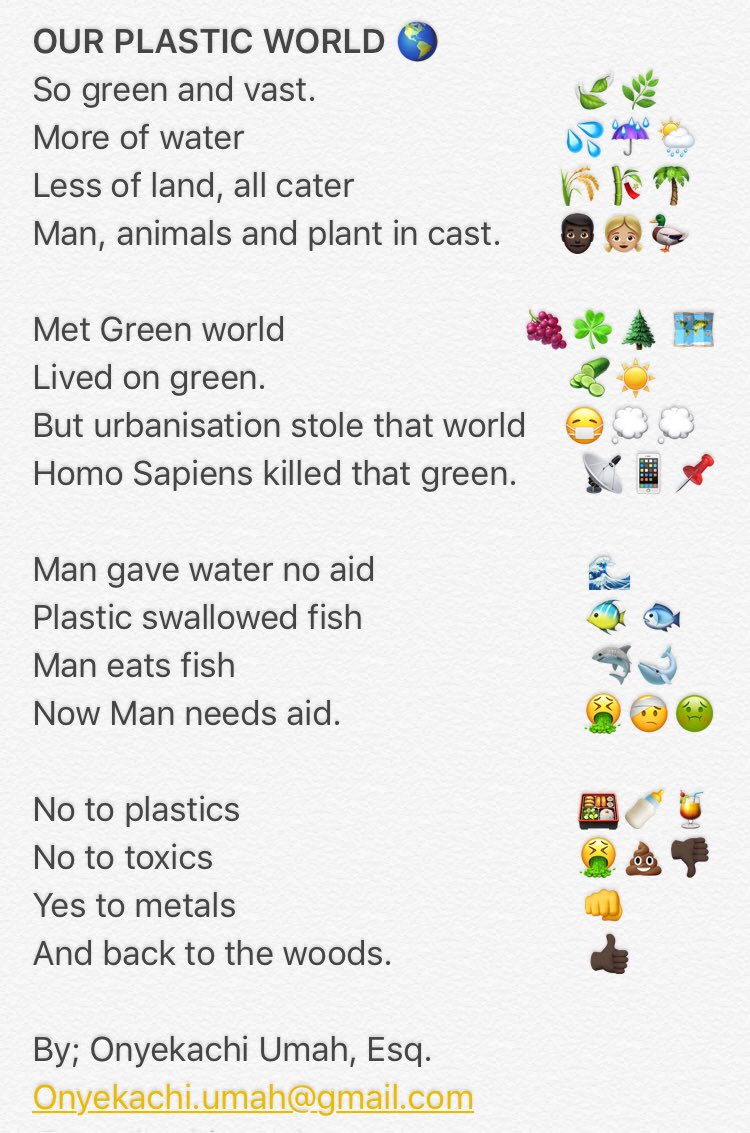 onyekachi_umah's tweet photo. Happy world Ocean Day! (8 June, 2018)
Say no to Plastics to protect our oceans live. My poem “Our Plastic World” is dedicated to all lost aquatic lives! @cnni @CNNAfrica @CNN thanks for awareness! #WorldOceanDay2018 #plasticpollution #PlasticBagsBan #plasticfree https://t.co/zi4FgWorNv