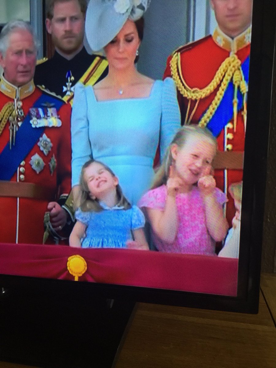 prefersjoy's tweet photo. I think the little pink royal needs a bit more training on how to behave during the National Anthem. Royals have gone to the tower for less. #TroopingtheColour https://t.co/MoxG58JQnK