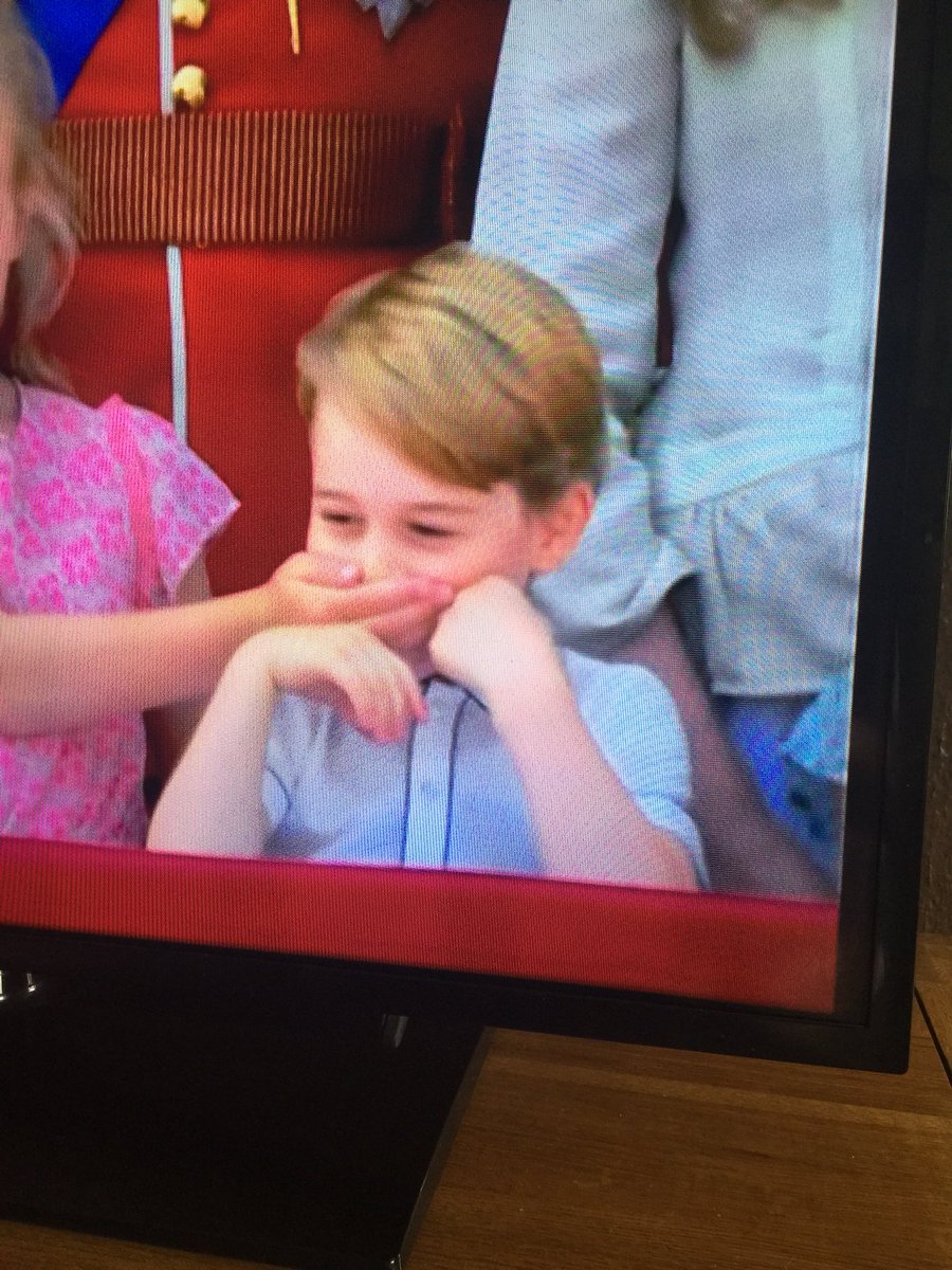 prefersjoy's tweet photo. I think the little pink royal needs a bit more training on how to behave during the National Anthem. Royals have gone to the tower for less. #TroopingtheColour https://t.co/MoxG58JQnK