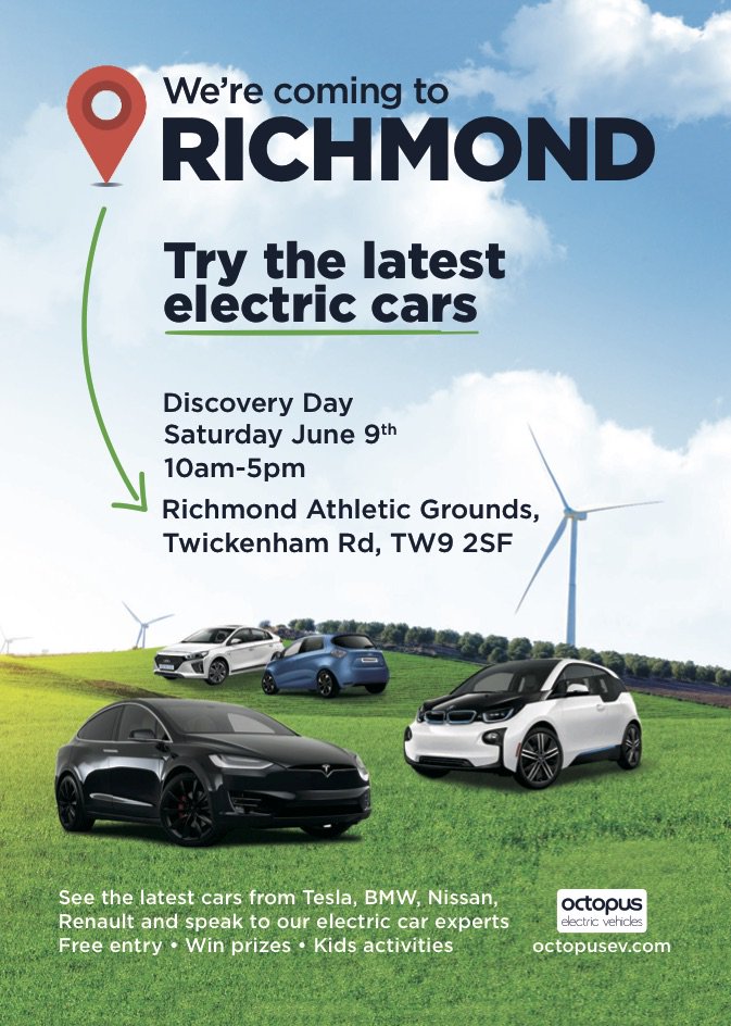 myeleccarshop's tweet photo. Octopus Electric Vehicles have brought amazing EVs to Richmond

With a bouncy castle, face painting + more, so fun for all the family. 

Drop by to see your electric future! 

TODAY - at the Rugby Club - until 5pm https://t.co/vbyCz0OD6r