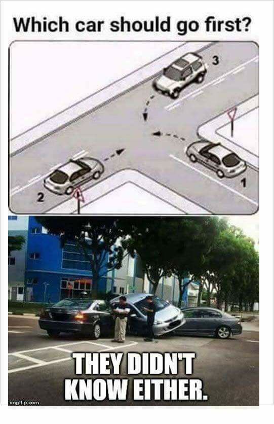 OConnorShane's tweet photo. Which car should go first? #RoadSafety https://t.co/Ldqzrsveag
