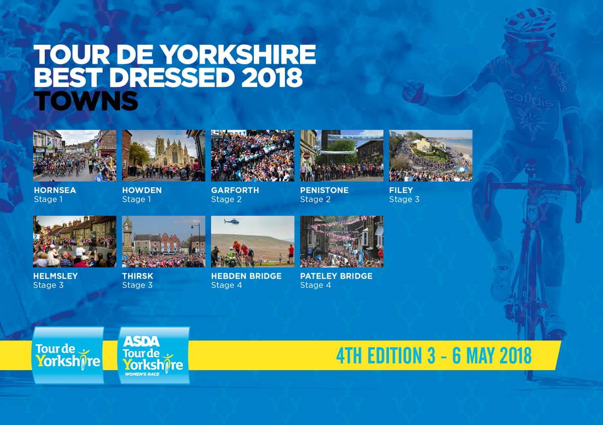 letouryorkshire's tweet photo. VOTE! Which was the best dressed town during @letouryorkshire? Your shortlist is:

- Hornsea
- Howden
- Garforth
- Penistone
- Filey
- Helmsley
- Thirsk
- Hebden Bridge
- Pateley Bridge

Vote here: https://t.co/x1pt2UiRu0 #TDY https://t.co/sENcCToR7y