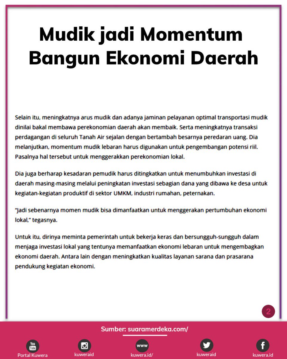 Azalia_Dewanti's tweet photo. Momen hari raya Idul Fitri harus bisa menggerakkan ekonomi sektor riil di daerah-daerah yang menjadi tujuan pemudik.
#mudik2018 
#kuwera https://t.co/EjIG68N0DL