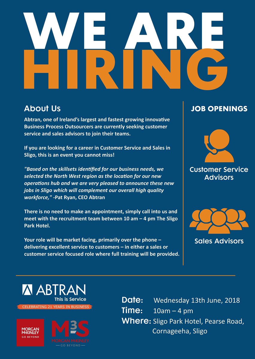 almulrooney's tweet photo. Looking for a new role in the North West?
We’re hosting a walk in session with Barry Henderson from #E3Retail in @TBBSligo today from 11am-1pm. No appointment required.
On Wednesday @abtranglobal are hosting a careers day from 10am-4pm in @sligoparkhotel https://t.co/L68mxuZcFI