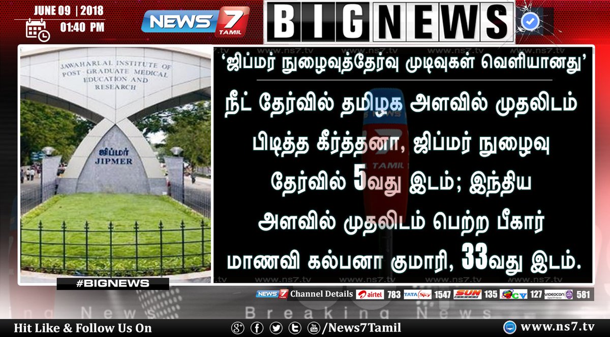 news7tamil's tweet photo. #BIGNEWS
ஜிப்மர் நுழைவுத்தேர்வு முடிவுகள் வெளியீடு!
https://t.co/5wMBD3FLqB | #JIPMERResult | #Neet | #Keerthana https://t.co/ewsngBm7P8