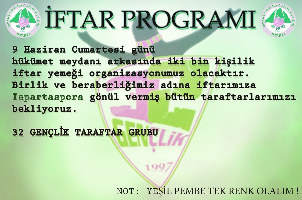 32_Genclik's tweet photo. Bugün gerçekleşek iftar programına tüm taraftarlarımızı aileleriyle beraber bekliyoruz. @32genclikuni @ispartadavraz32 @IspartaDavrazSK #IDS https://t.co/jwnVdCUzmM