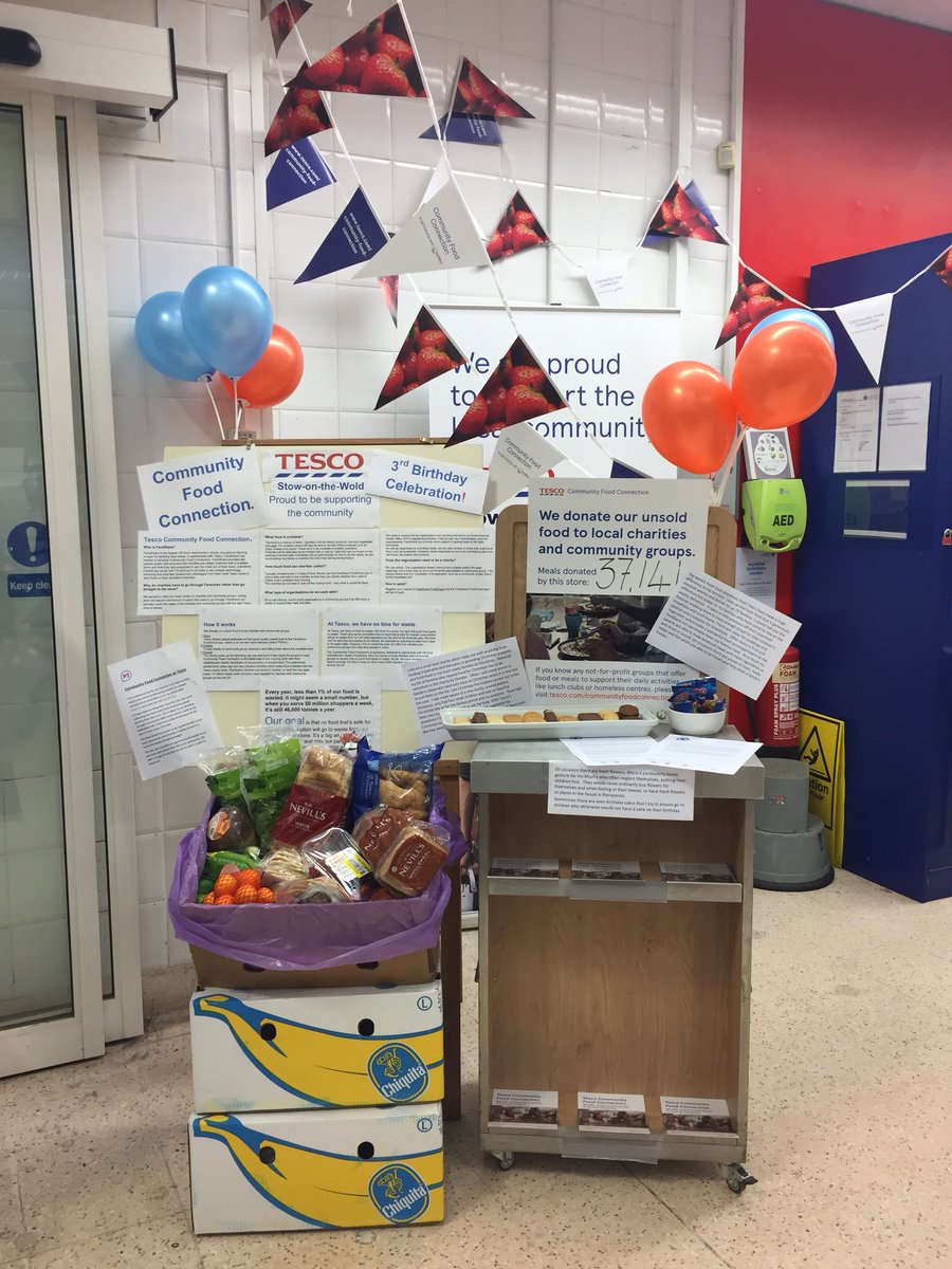 Tescocommunity3's tweet photo. Celebrating 3 years of Community Food Connection at Tesco Stow-on-the-Wold @FareShareSW @Tesco_SouthWest #littlehelpseveryday #notimeforwaste https://t.co/iEhhuV6ikK
