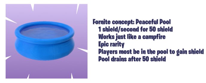 PUBGtips's tweet photo. What about this for an idea? Sit in the pool to gain shield. Just like the campfire. #Fortnite #fortnitememes #fortniteshop https://t.co/o35FVvgLEG