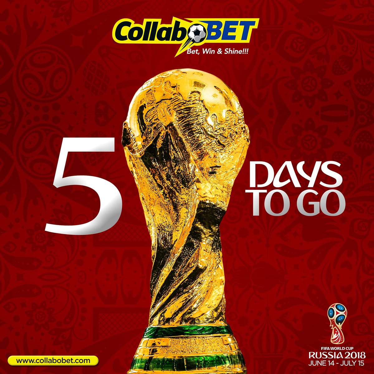CollaboBet's tweet photo. ⚠ #MASSIVE #ODDS #SEASON ⚠
#COUNTDOWN TO #fifaworldcup #5daystogo #russia2018⚽ #russia2018fifaworldcup
.
#collabobet #bet #win #shine #sports #betting #football #sportsbetting #9ja
.
Ff @collabobet & SignUp 👉 https://t.co/NNf1brJULy 4 #bestodds #FastestPayout #highestbonus https://t.co/XPWJwv57T3