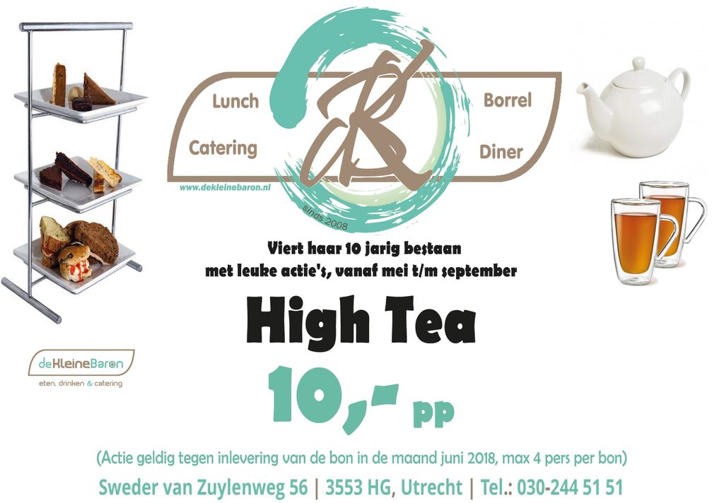 Onze verjaardagsaktie is helaas niet door de brievenbus #zoiszuilen gekomen door een technische fout! Uiteraard loopt de actie wel gewoon deze maand 
#opvertoonvandezeadvertentie 

<a href="/dekleinebaron/">deKleineBaron</a> sinds 2008 

HIGH TEA voor maar 10,- pp
#aktie #korting