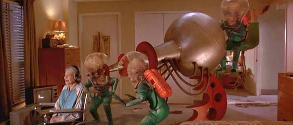 Mars Attacks (1996)- one of my dad's favorites- martians attacks earth and captures humans for experiment- ack ack acK ACK ACK ACK AACK- we come in peace- amusing- it'S NOT UNUSUAL TO BE LOVED BY ANYONE