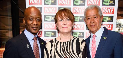 Kick It Out CEO Roisin Wood, Chair Lord Ouseley and The Voice’s Rodney Hinds at the #KickItOut evening reception