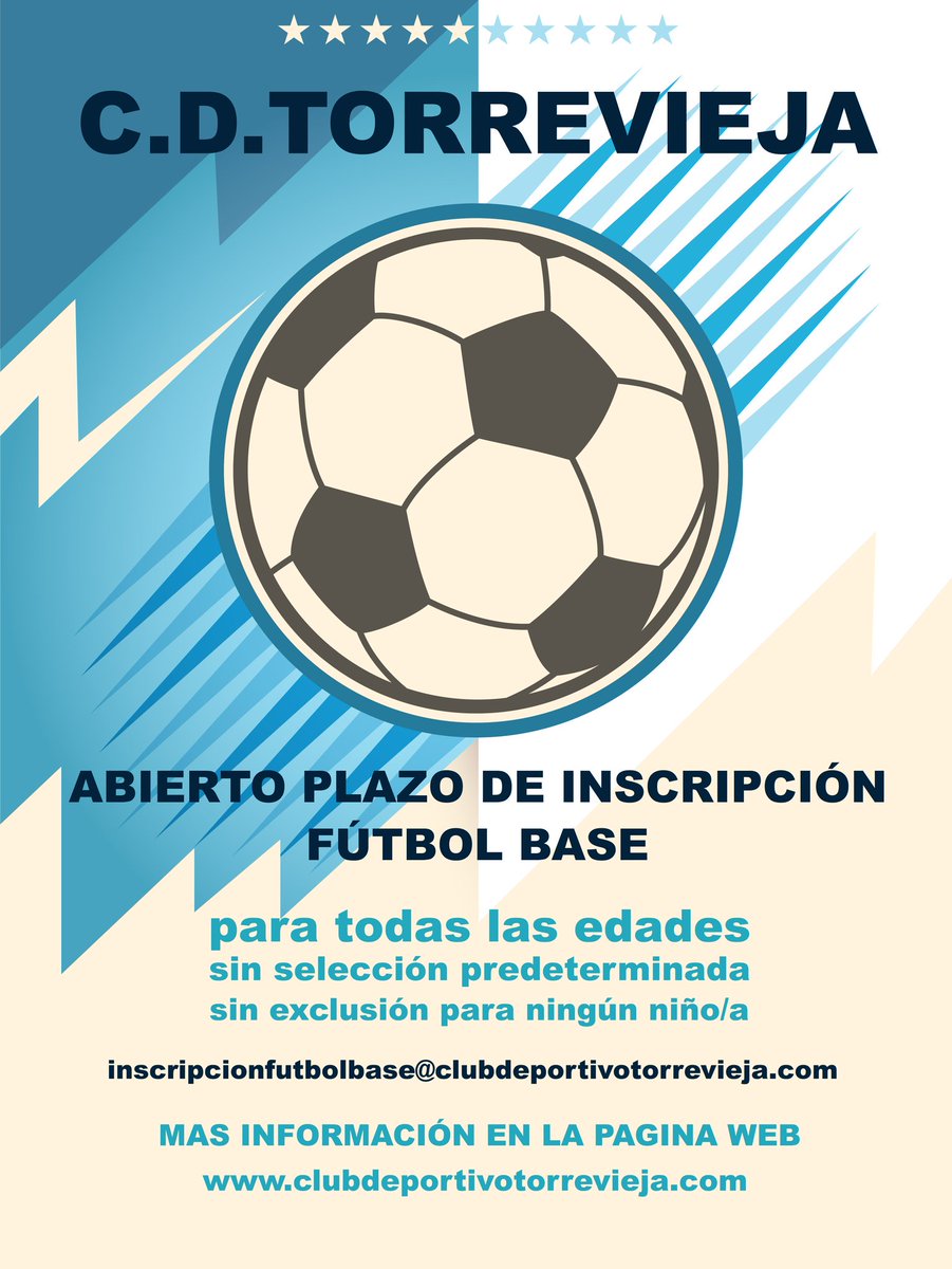 CDTorrevieja's tweet photo. 👦➕👧 FÚTBOL BASE | ¿Quieres jugar en la cantera salinera de nuestro club?

📢 Abierto plazo de inscripción:

➡ Para todas las edades.
➡ Sin selección predeterminada.
➡ Sin exclusión para ningún niño/a.

#FBCDT 🔵⚪ https://t.co/OXai579BSO