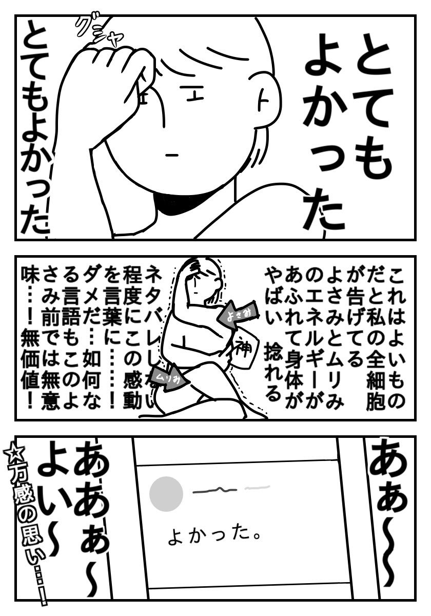 とても良いものと出会った時の精神状態。よさみが無理すぎてやばい。語彙力が皆無だから「よかった」に全てを詰め込んでる。汲み取ってほしい。 