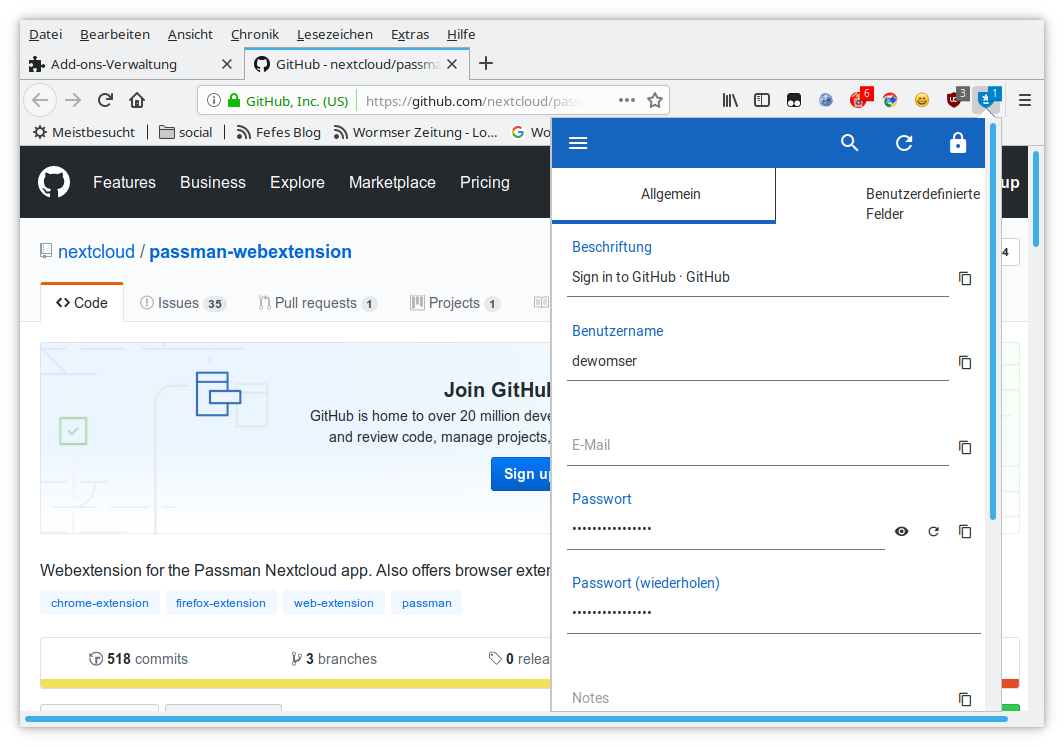 dewomser's tweet photo. Probiere gerade die #Firefox Webextension für den #Nextcloud Passwortmanager #Passman aus. Zuerst enttäuscht, weil FF die App wegen Zeitverzug abschalten will; und das dauert auch, aber dann: Fehlende und falsche Passworte werden korrigiert. 👍 https://t.co/0O4MZEsrM2