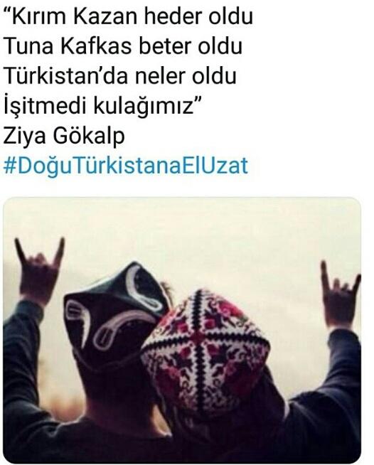 #DoğuTürkistanaElUzatDoğu Türkistan'da Uygur Türklerine karşı, Komünist Çin Devleti'nin uyguladığı zulümlere, kız kardeşlerimizin iffetine leke sürülmesine, soydaşlarımız katledilmesine ve Türk balalarının annesiz babasız bırakılmasına sessiz kalmay!