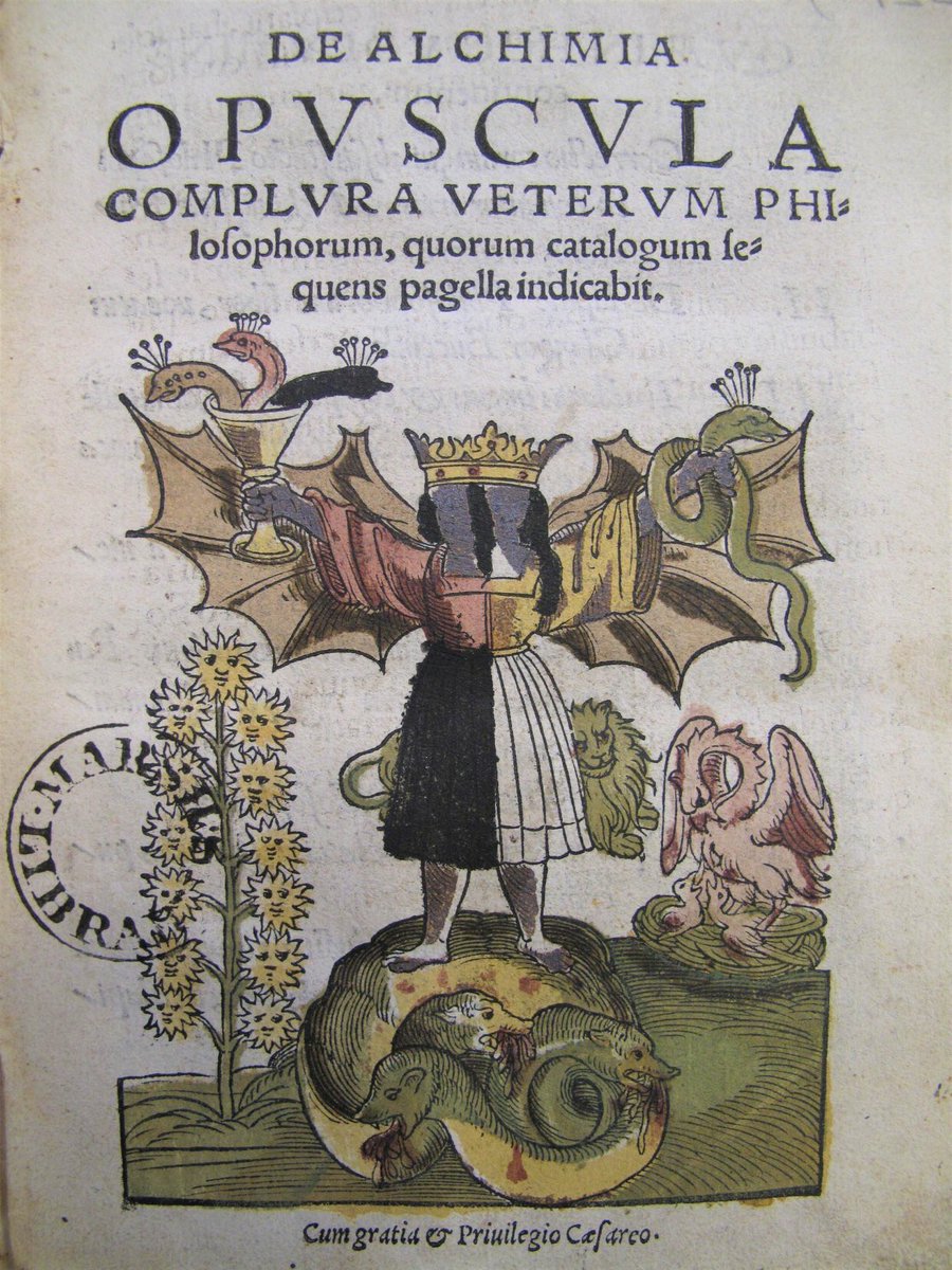 MarshsLibrary's tweet image. Beautiful title page in this book of #alchemy from 1550.