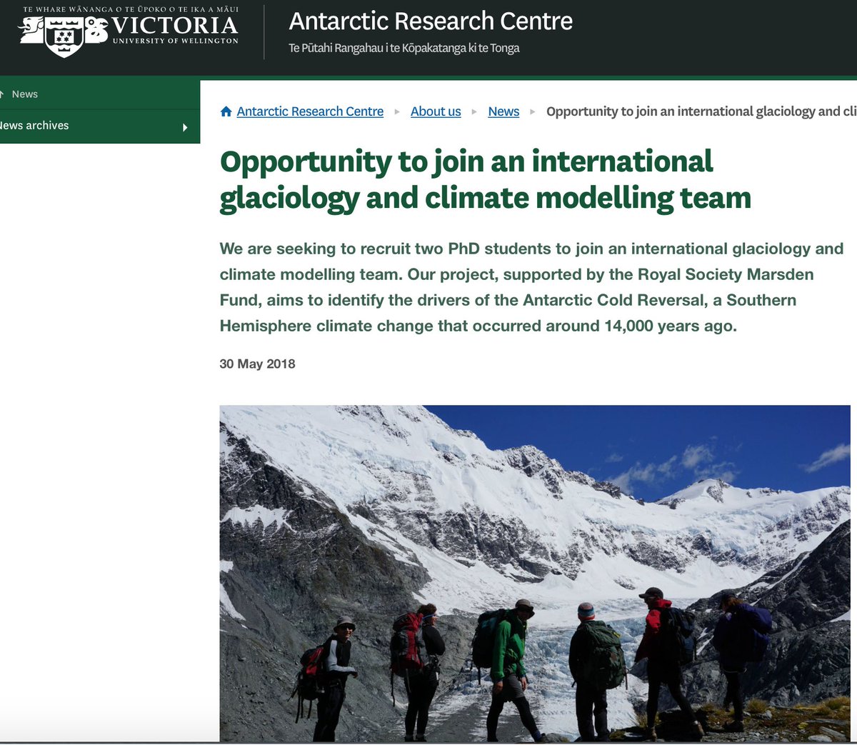 Please RT. Two PhD positions in #glaciology/climate modelling and glacial geology/10Be dating, in Wellington New Zealand. One week until we start reviewing applications. Come join our team! victoria.ac.nz/antarctic/abou… #phdlife #PhDstudentship