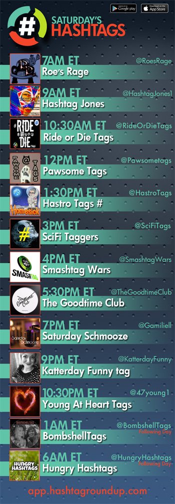 HashtagRoundup's tweet photo. Hashtag Roundup - Saturday

Download our FREE Hashtag Roundup hashtag game app (IOS/Android): Receive notifications right to your phone every time a new hashtag game starts! Visit: https://t.co/ksALqMcxr4 https://t.co/DrzGs1py6F
