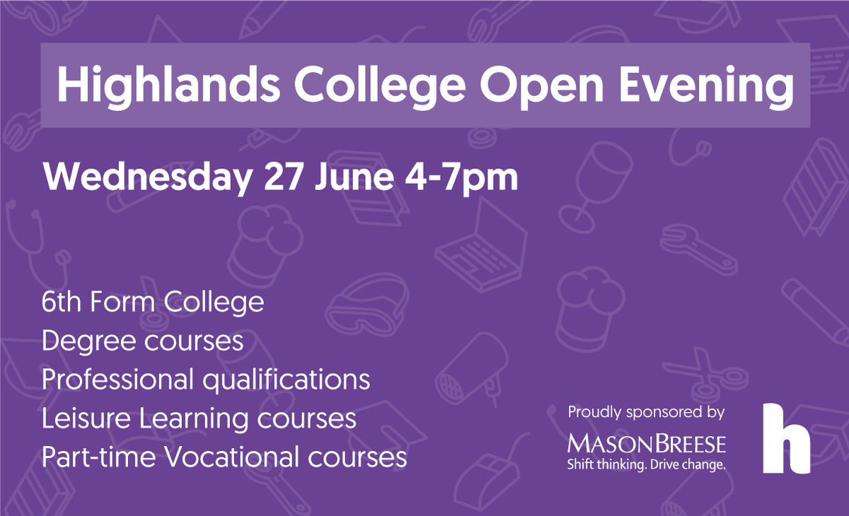 Highlands_JSY's tweet photo. Our College-wide Open Evening is back! Join us on Wednesday 27th June for an opportunity to visit the campus, meet staff and students, and experience a
taster of the vast range of learning opportunities on offer – from degree
courses to evening classes  https://t.co/Q7dOAY9JO5 https://t.co/x7IdGSNUMA