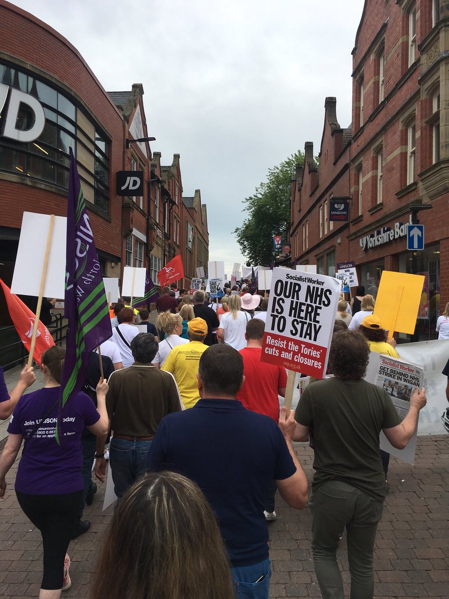 laurawflynn's tweet photo. Fantastic turnout for the march to support striking #NHS staff in #Wigan. Great response from the public too #saynotosubco @SaveWWLNHS @NorthWestUNISON @NorthWestUnite https://t.co/Dgi8GpylWF
