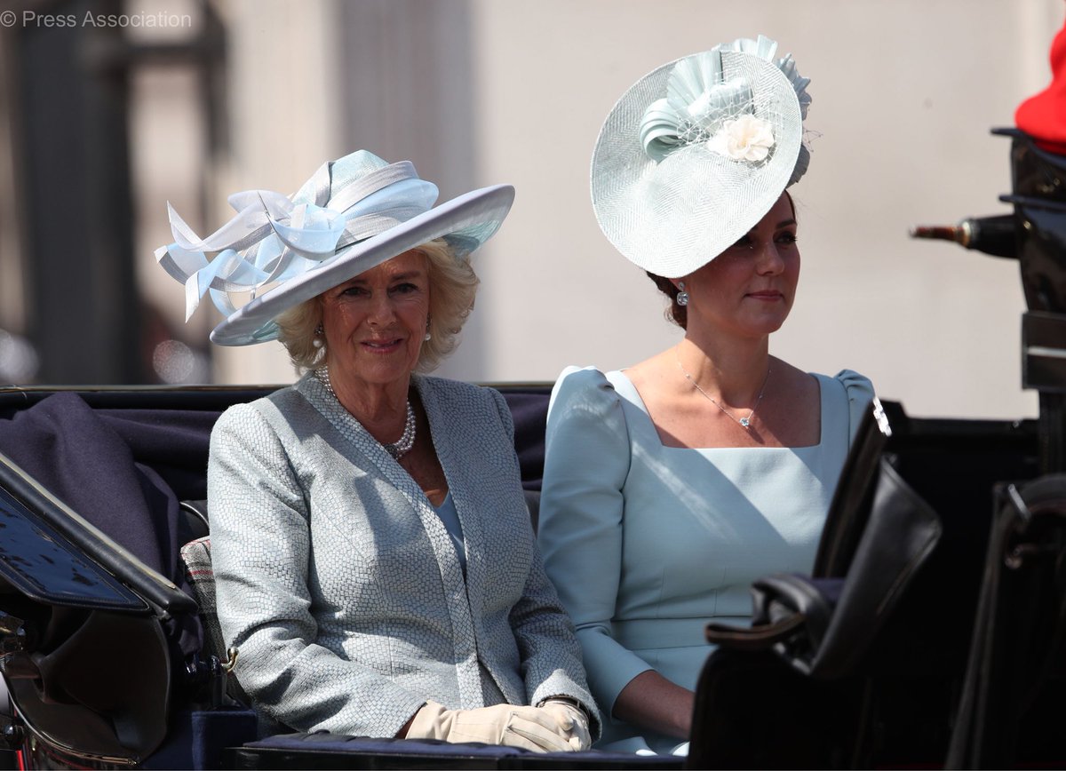ClarenceHouse's tweet image. The Duchess of Cornwall and The Duchess of Cambridge travel from Buckingham Palace to Horse Guards Parade in London for #TroopingtheColour.