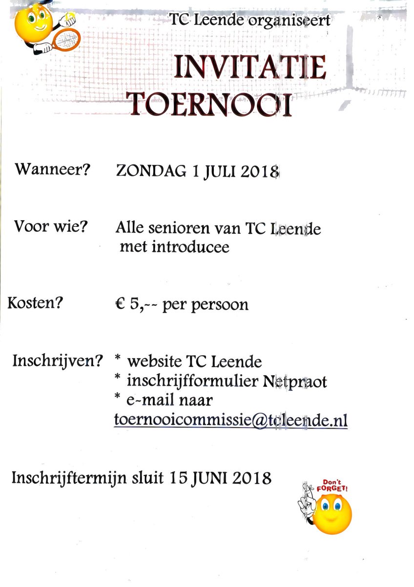 tcleende's tweet photo. Invitatietoernooi bij TC#Leende op zondag 1 juli. Nodig iemand uit die (nog) geen lid is om gezellig samen een aantal partijen te tennissen. Aanmelden kan nog tot 15 juni. https://t.co/aqgWYZ9HhA