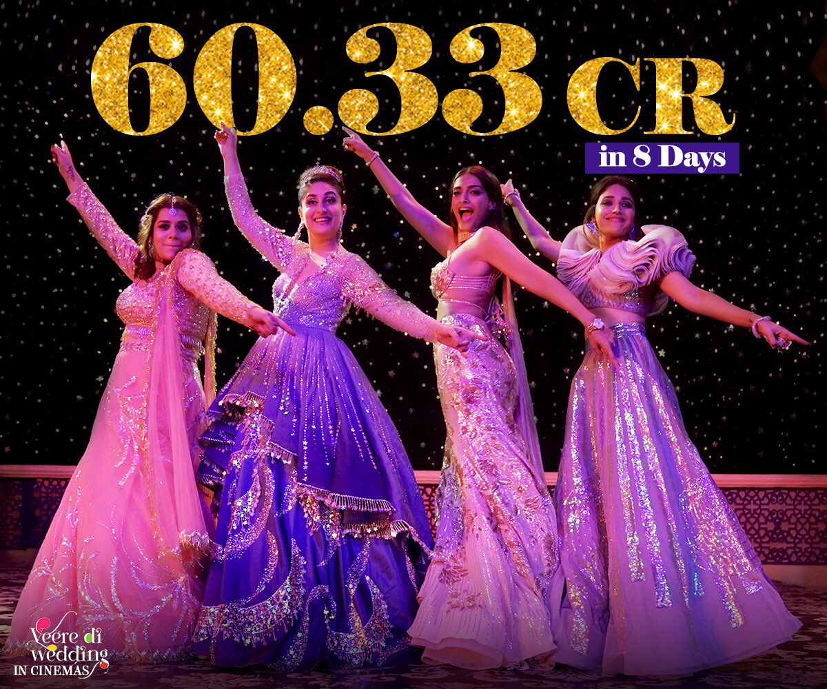 vdwthefilm's tweet photo. #VeereDiWedding crosses yet another milestone - 60 cr+ in 8 days 👌 Wohooo! 
Book your tickets now: https://t.co/EnDO5Ixqma! #VDWInCinemas

#KareenaKapoorKhan @sonamakapoor @reallyswara @shikhatalsania @rheakapoor @ektaravikapoor @Nikhil_Dwivedi @balajimotionpic @saffronbrdmedia https://t.co/ADzel0gPEg