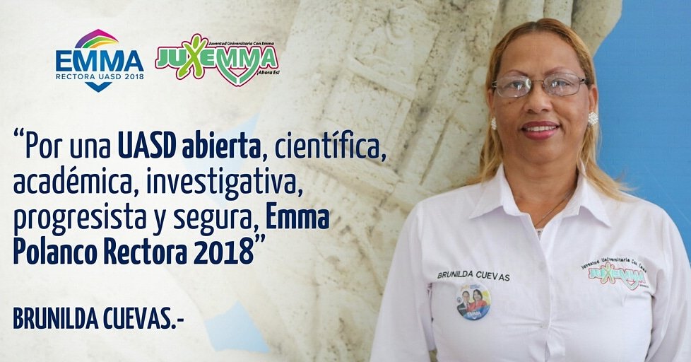 JuEmmaUASD's tweet photo. “Por una UASD abierta, científica, académica, investigativa, progresista y segura, Emma Polanco Rectora 2018”

Brunilda Cuevas
#JuEmma https://t.co/EbKm9T4kna