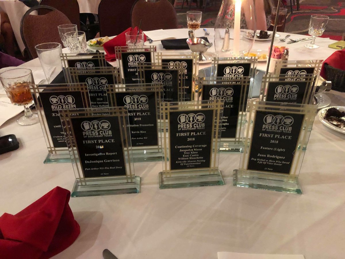 12NewsNow's tweet photo. Quick moment of thanks to our wonderful staff. 12News won first in 17  categories in the Press Club of Southeast Texas’ annual Excellence in the Media Awards night. Proud of our wonderful staff for their hard work in 2017. Thank you for trusting us to tell your stories! https://t.co/TYsEWr60DL