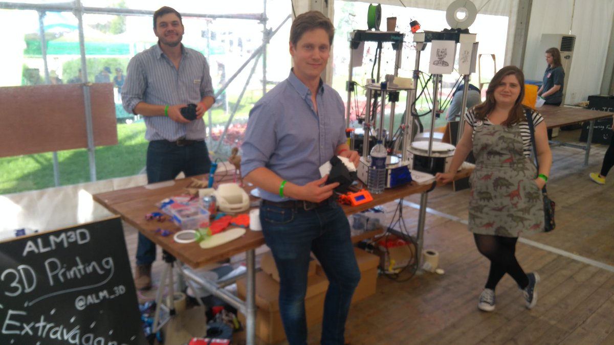 Michael_Dicker's tweet photo. The @ALM_3D team of @UoB_Engineering after a long day on their stand at the @CheltSciFest. Lots of great 3D printing demos, last chance to see them in the maker shack tomorrow. https://t.co/8ALAY1vZuR
