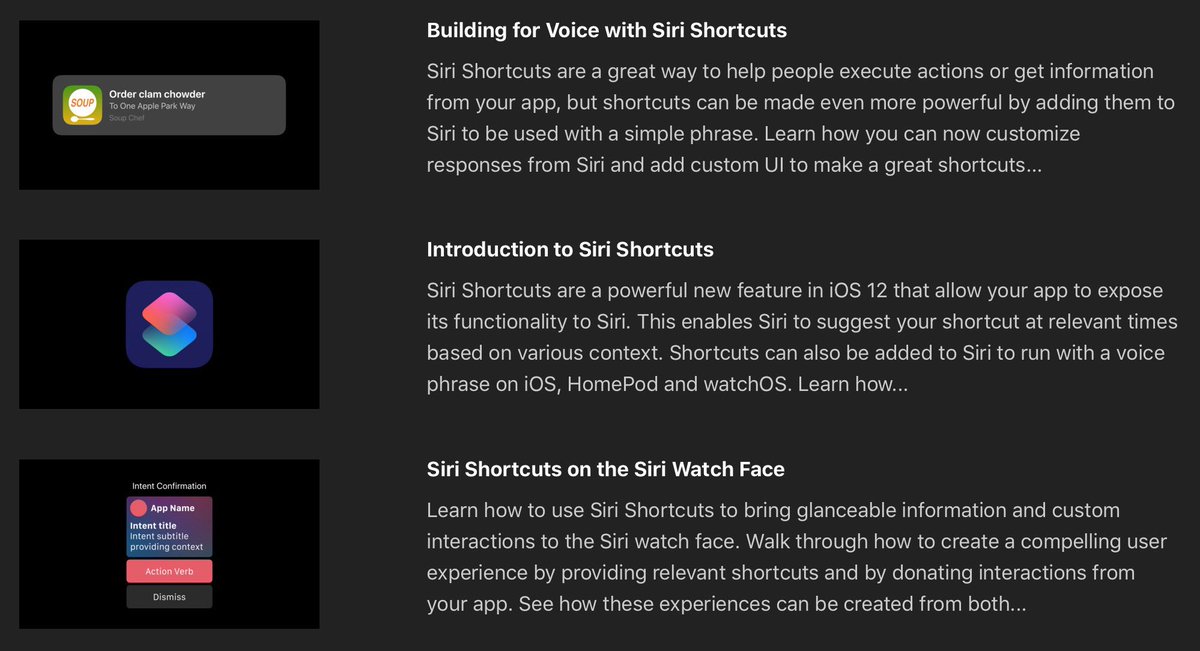 ayanonagon's tweet photo. If you’re catching up on WWDC videos now (like I am) and want to learn more about Siri Shortcuts, make sure to watch these three sessions, starting with Introduction to Siri Shortcuts! https://t.co/0Vp7KydzG8 https://t.co/OeNGs2ZBal