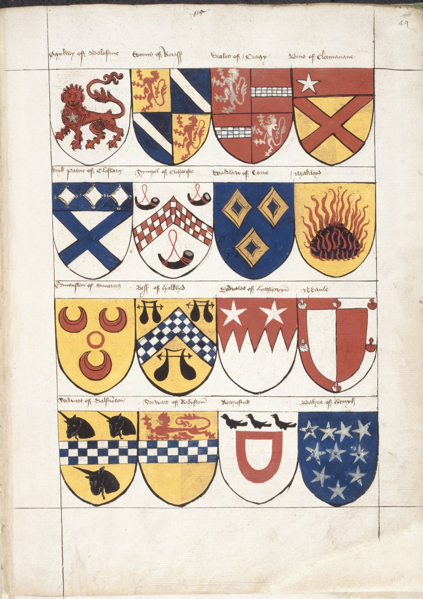 BL_prints's tweet image. The ‘Scots Roll’ may be the earliest surviving armorial to have been produced in Scotland itself. Totalling nine pages, it illustrates 114 arms belonging to the Scottish nobility (Add MS 45133, ff. 46v-50v). ow.ly/7GZT30kpWYw #IAD18