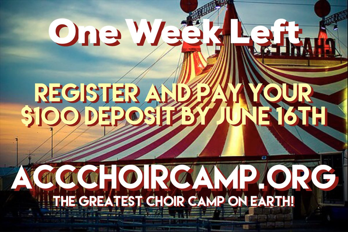 accchoircamp's tweet photo. REMINDER:  ONE WEEK LEFT TO REGISTER AND PAY YOUR $100 DEPOSIT TO SECURE YOUR SPOT AT #ACCCHOIRCAMP 

Visit us at https://t.co/dYOvEAmyxm https://t.co/b2etpAba6H