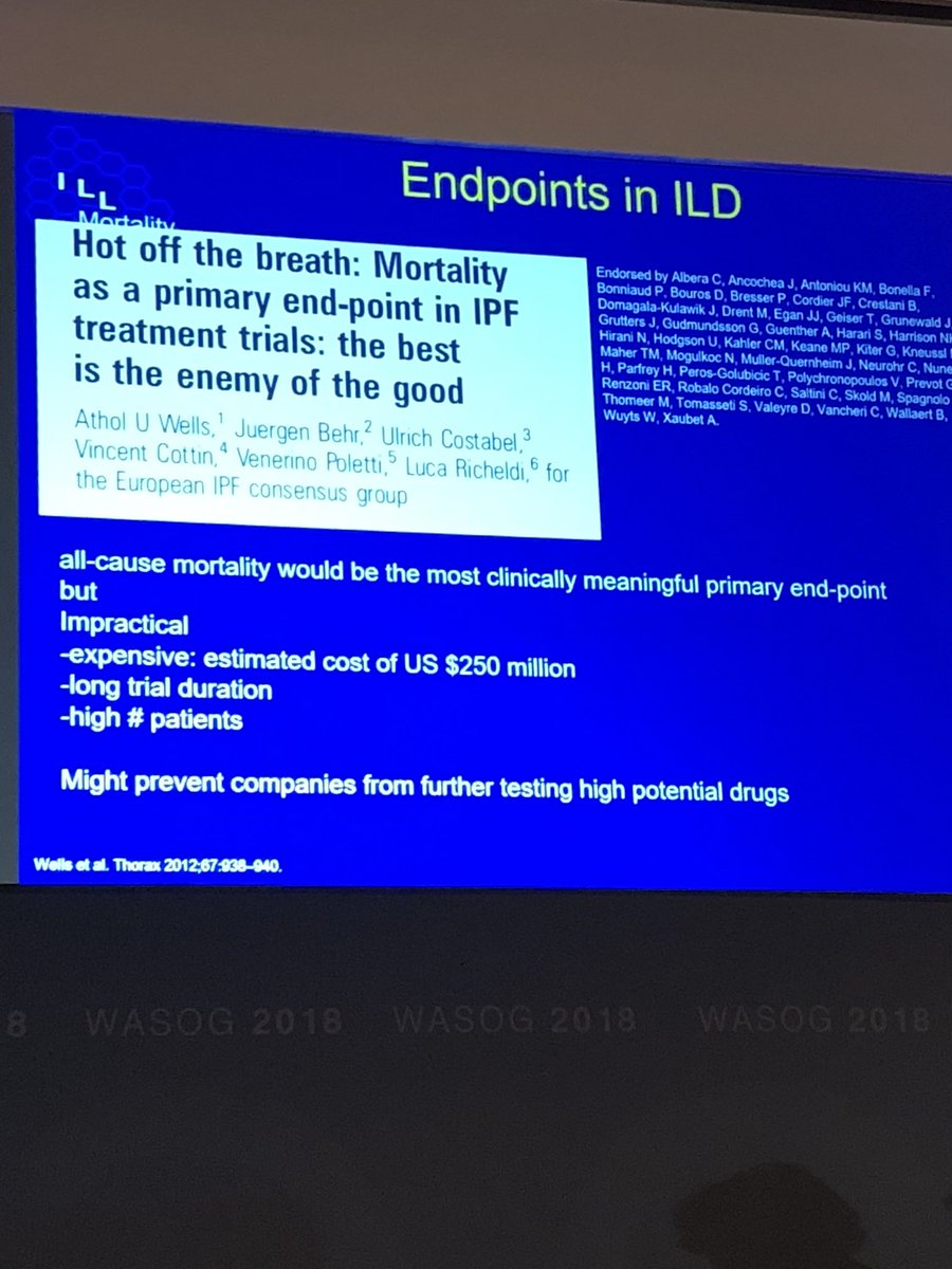 MichiganILD's tweet photo. Prof. Wim Wuyts raises the specter of endpoint in IPF trials. Mortality or surrogates? #WASOG2018 why not quality of life measures too? https://t.co/9zYnx5rksE