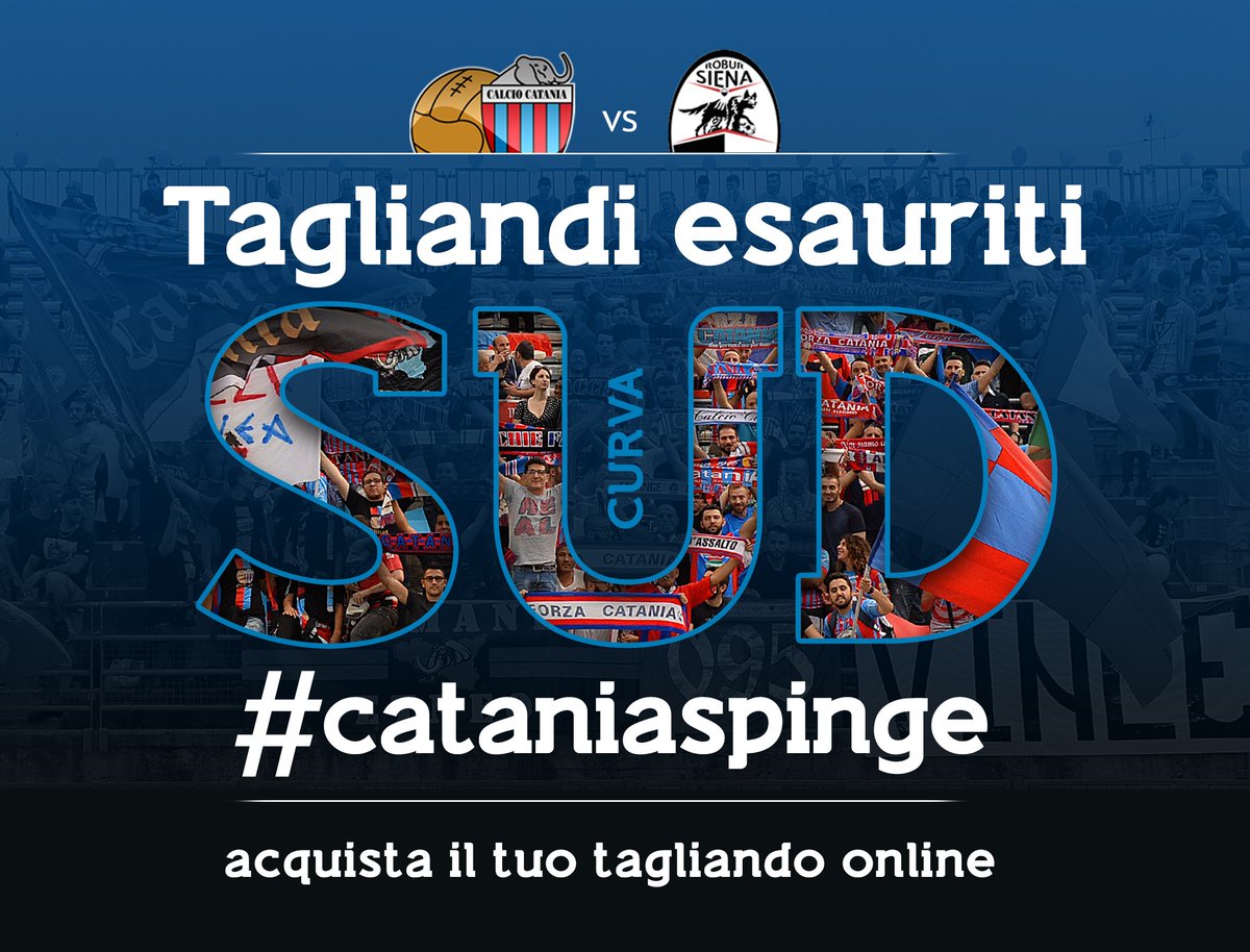 9 giugno - #cataniaspinge ❤️💙⚽ - Catania-Robur Siena: alle 13.56, esauriti i tagliandi validi per l’accesso alla Curva Sud.
Acquista il tuo tagliando online -> bit.ly/2M3IxE6