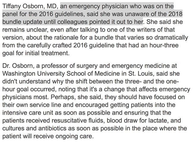 PulmCrit's tweet image. it appears that the 2018 update to the surviving sepsis guidelines was created *without* support from the guideline panel.  seems like a pretty major change to make without any new prospective evidence or buy-in from the panel? 
bit.ly/2JxjozU