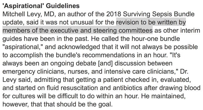 it appears that the 2018 update to the surviving sepsis guidelines was created *without* support from the guideline panel.  seems like a pretty major change to make without any new prospective evidence or buy-in from the panel? 
bit.ly/2JxjozU