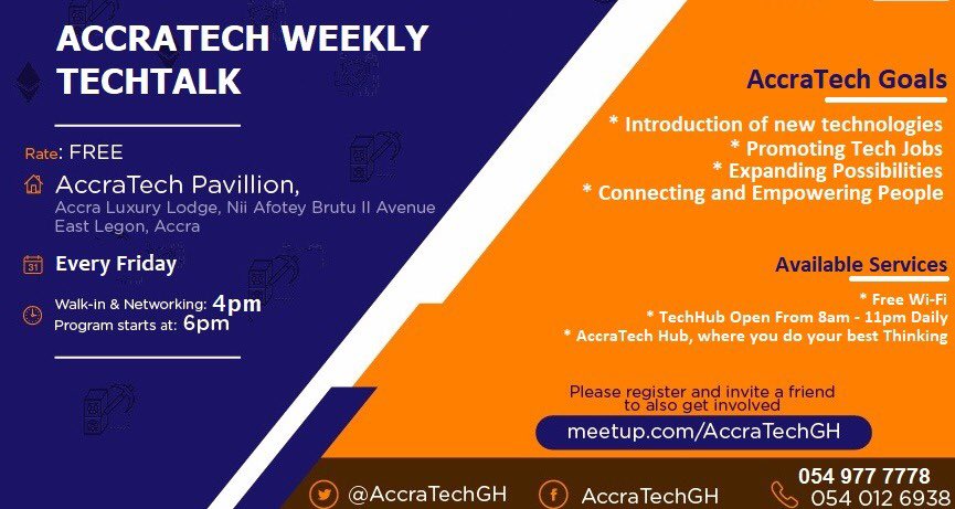 cmjofficial_'s tweet image. Let’s meet at #Accratech Talk event on coming June 22, 2018, 16:00 GMT  as we present employment opportunities in cybersecurity workspace, Cryptocurrency presentation and other interesting topics at East Legon, Accra Ghana. There will be a chance to connect with different people