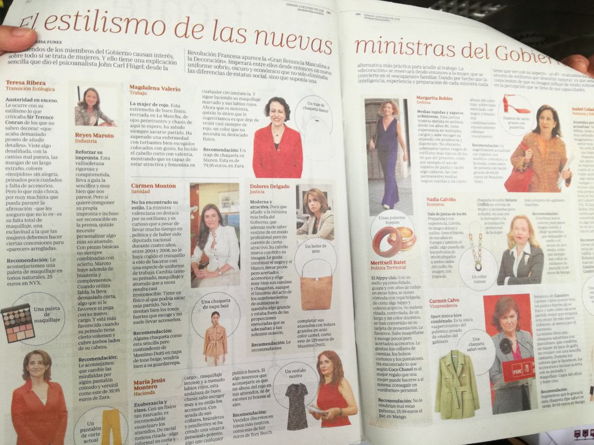 Años 50? No. Es un artículo de hoy sobre las ministras y habla así de Teresa Ribera: “Viste algo desaliñada...peinados poco cuidados y falta de accesorios. Pero lo que más choca es la falta de maquillaje, una esclavitud a la que las mujeres debemos hacer ciertas concesiones...”