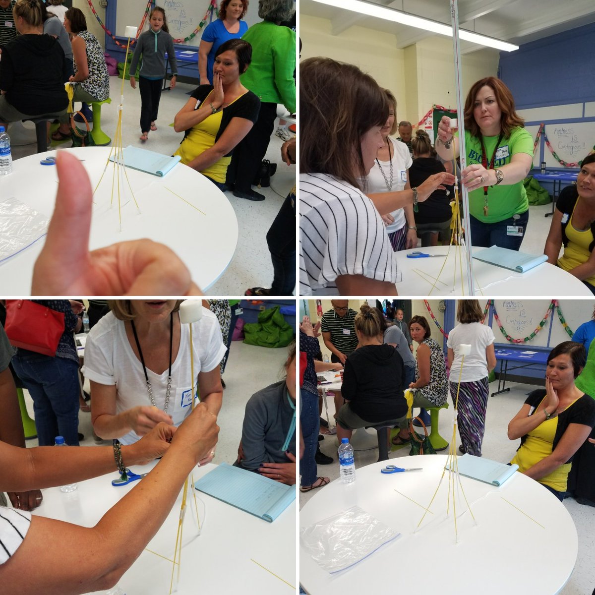 JulieHatcherBks's tweet photo. Slaying the parent-STEM challenge. Tallest tower made from distributed spaghetti, tape, yarn and a marshmallow topper π€£ππ #ourbmsa #STEMFTW https://t.co/s5fFpldXu2