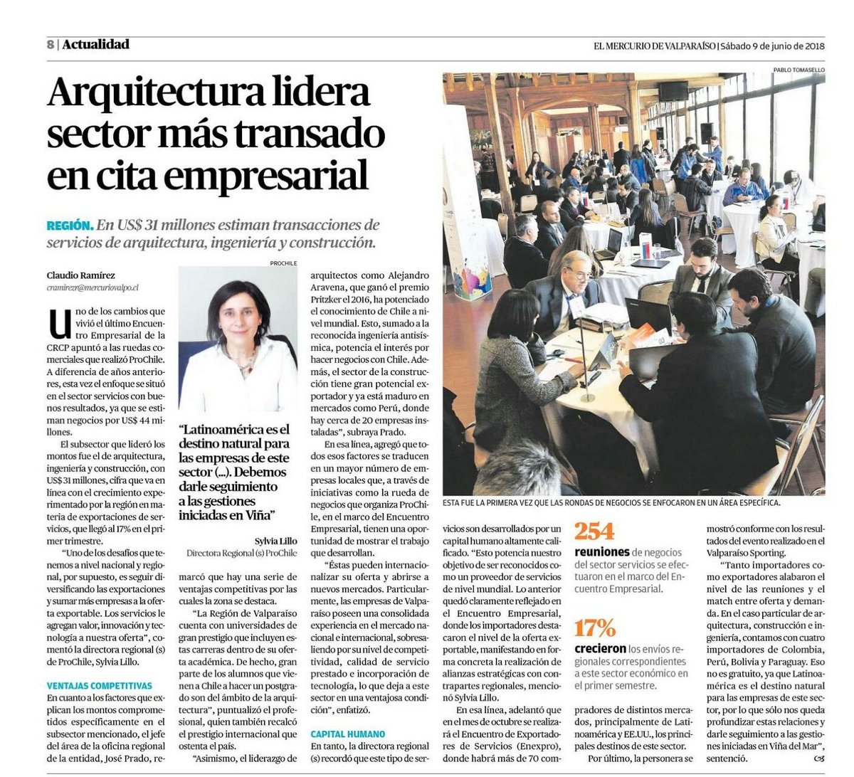 CRCPValpo's tweet photo. [PRENSA]254 reuniones de negocios entre exportadores regionales e importadores extranjeros se realizaron en las Ruedas de Negocios del 22 Encuentro Empresarial organizado por la @CRCPValpo gracias a la colaboracion de @ProChile. 
impresa/2018/06/09/full/cuerpo-principal/8/
#22ee https://t.co/YoKuycNgYO