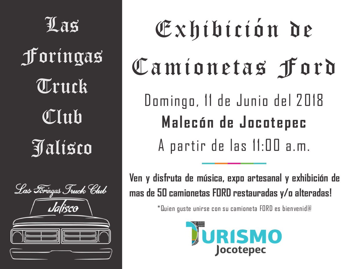 TurismoJoco's tweet photo. Mañana evento familiar con “Las #Foringas #TruckClub #Jalisco” en el Malecón de #Jocotepec. No faltes! #FORD #turismo #lagodechapala #GDL #FORDtruck https://t.co/7rXSylLyVm