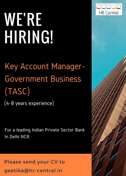 HRCentral6's tweet photo. NOW HIRING-Key Account Manager - Government Business (TASC) for a large India Private Sector Bank in Delhi NCR.
Send your CV to geetika@hr-central.in
#HRCentralJobs #JobAlert #bankingjobs #Jobsinbanking #jobsinNCR
#Keyaccountmanager #governmentbusiness
#bankingproducts #Banking https://t.co/SCWGQwM899