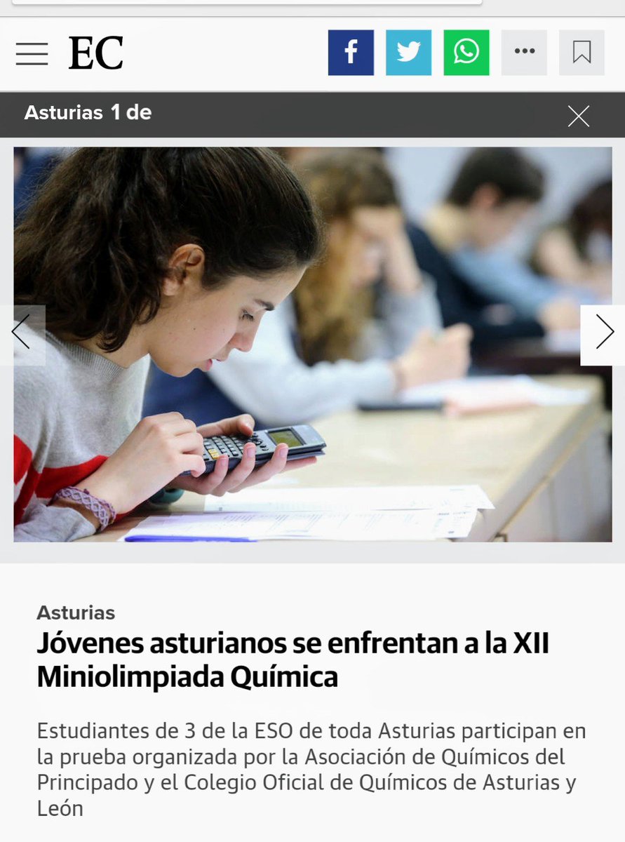ausevamaristas's tweet photo. Mucha suerte a nuestros alumnos Claudia, Miguel y Enol, de 3º de ESO, que hoy participan en la Miniolimpiada.
Jóvenes asturianos se enfrentan a la XII Miniolimpiada Química https://t.co/qjAgm6y3lx vía @elcomerciodigit https://t.co/Uab2FhUkU6